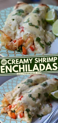 creamy shrimp enchiladas on a plate with lime wedges