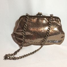 Adorable, Small Express Bag! Fun Metallic Fabric In Shimmery Silver/Gold With Brushed Bronze Metal Trim, Ball Clasp And Heavy Duty Chain Link Handle. 8" X 5" With 10.5 Drop On The Chain/Handle. Silver Bags With Gold-tone Hardware For Daily Use, Metallic Shoulder Bag With Gold-tone Hardware And Top Handle, Gold Shoulder Bag With Silver-tone Hardware, Gold Clutch Bag With Silver-tone Hardware, Silver Crossbody Bag With Gold-tone Hardware, Metallic Bag, Metallic Fabric, Brushed Bronze, Metal Trim