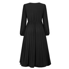 Black V Neck Pleated Long Sleeve Dress with Belt Black Solid Maxi Dress For Workwear, Black Pleated V-neck Maxi Dress, Black Pleated Midi Dress For Fall, Black Pleated Maxi Dress For Work, Office Party Dress, French Dresses, Belt Women, Party Dress Long Sleeve, Vintage Fits