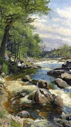 a painting of a river with rocks and trees