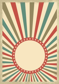 an old style poster with sunbursts and stars on the bottom, as well as