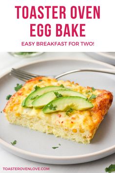 an egg bake on a white plate with the title text overlay reads toaster oven egg bake easy breakfast for two