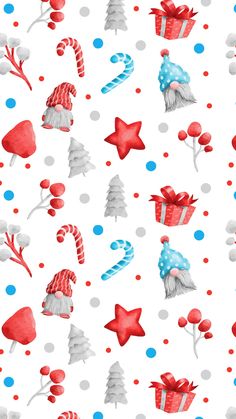 christmas seamless pattern with gnomes, candy canes and stars on white background