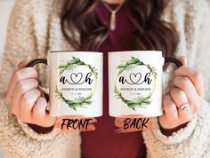 two women holding coffee mugs in their hands with the words front and back printed on them