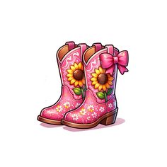 a pair of pink boots with sunflowers on them