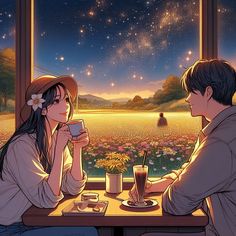 two people sitting at a table in front of an open window looking at the stars