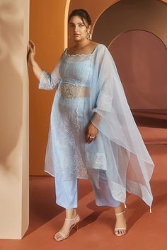 Buy Blue Organza Machine Square Barkha Kurta Pant Set For Women by SAANJH BY LEA Online at Aza Fashions. Organza Kurta Set, Organza Kurta, Suits For Women Indian, Organza Suits, Blue Organza, Kurta Pant Set, Fashion Courses, Kurta Dress, Embroidered Organza