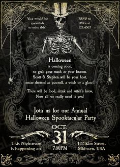 a halloween party flyer with a skeleton on the front and back, in black and gold