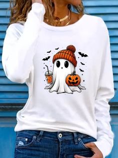 Zolucky offers stylish and concessional T-shirts.. SPU: 2941UT-9AEF57, Color: Deep Gray White Black Beige, Style:Casual, Clothes Length:Regular. Ghost Print, Beige Style, Deep Gray, Casual Clothes, Casual Spring, Casual T Shirt, Cute Ghost, Halloween Pumpkin, Spring And Fall