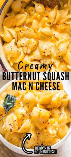 creamy butternut squash mac n'cheese in a white bowl with the title above it