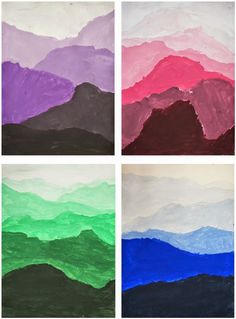 four different colored mountains painted on paper