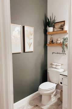 a white toilet sitting in a bathroom next to a wall with pictures on the walls