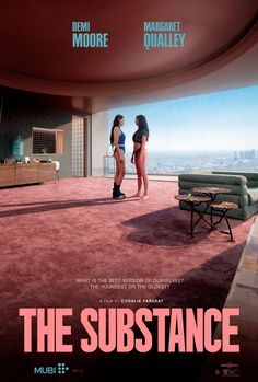 a movie poster for the substance starring two women standing in a living room with a city view