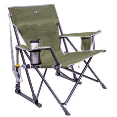 a folding chair with a cup holder on it