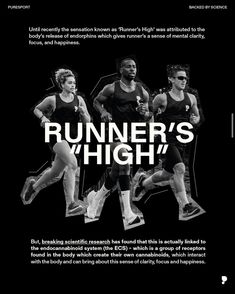 an ad for runners'high, featuring three men running in the same direction and one man