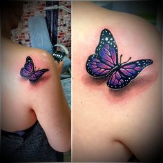 two pictures one with a butterfly and the other with a tattoo on it's back