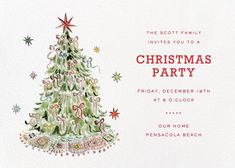 a watercolor christmas tree is featured in this holiday party card