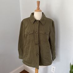 Loft Cotton Military Button Down Long Sleeve Shacket Size S Petite Nwt Dual Chest Pockets, Welt Hand Pockets, Button Front. Long Sleeves With Button Closure, Buttoned Cuffs Approximate Flat Measurement: Please See Pictures For Measurements Color Shades May Vary Due To Photo Lighting When You Buy A Used Item, Please Keep In Mind There Could Be Minor Wear, But Each Item Is Hand Curated. I Try To Provide As Many Photos As Possible To Provide A Clear Description Of The Item And Any Observed Flaws Wi Collared Olive Outerwear With Buttons, Olive Button-up Outerwear With Buttons, Olive Collared Outerwear With Buttons, Olive Button-up Outerwear, Ruffle Neck Blouse, Fall Layering, Tunic Shirt Dress, Women's Button Down Shirt, Business Career