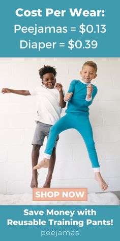 two children jumping up in the air with text reading cost per wear pejamas = $