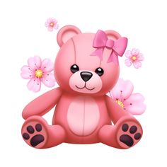 a pink teddy bear with a bow on it's head sitting in front of flowers