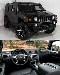 the inside and outside view of a black hummer truck with chrome rims on it