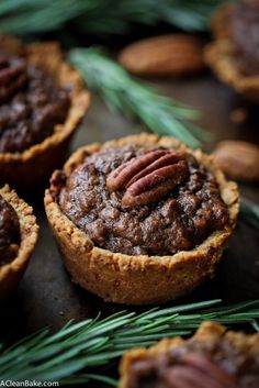 several pecan pies with some green leaves on the side