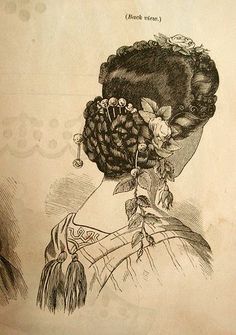 Nina Headdress, 1863, from Godey's Ladies Book. (and a bonus burnous) 1860s Hairstyles, 19th Century Hair, Romantic Braid, Historical Hairstyles, Victorian Hair, Victorian Hairstyles, Hair Adornments, Gothic Horror, Poses References