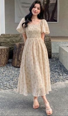 DAZY Impressão Allover Manga Bufante Vestido Simple Frocks, Cute Dress Outfits, Modest Dresses Casual, Easy Trendy Outfits, Feminine Dress, Style Maxi Dress, Casual Style Outfits, Casual Elegance, Elegant Outfit