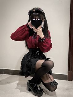 Dark Kawaii Aesthetic Outfit, Japanese Alt Fashion, Red Jirai Kei, Jirai Kei Outfit Ideas, Jirai Kei Outfits, Dark Kawaii Aesthetic, Jirai Kei Fashion, Black Kawaii