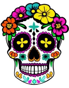 a colorful skull with flowers on its head