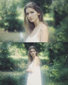 two pictures of a woman in white dress and trees behind her, both with their arms crossed