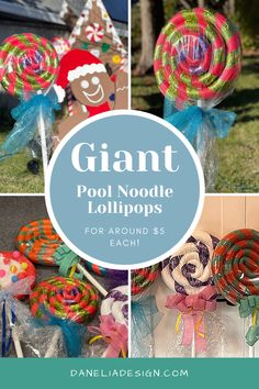 colorful giant lollipops made from rolled pool noodles and colored duct taps Fake Candy Decorations Diy, Candyland Trunk Or Treat, Pool Noodle Activities, Fake Candy Decorations, Pool Noodle Halloween, Gingerbread Display, Wizard Of Oz Set, School Holiday Crafts, Lollipops Diy