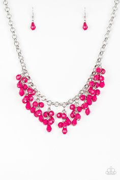 Featuring round and teardrop shapes, clusters of faceted pink beads swing from the bottom of a shimmery silver chain, creating a playful fringe below the collar. Features an adjustable clasp closure.

Sold as one individual necklace. Includes one pair of matching earrings. Pink Jewels, Classy Jewelry, Pink Necklace, Teardrop Beads, Paparazzi Accessories, Modern Necklaces, Pink Beads, Paparazzi Jewelry, Silver Chain Necklace