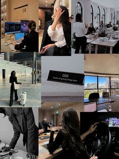 a collage of photos with people in business attire and one woman holding her hand up