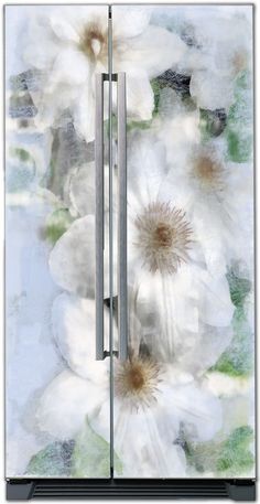 a refrigerator with flowers painted on it's side