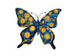 a blue butterfly with yellow swirls on it's wings