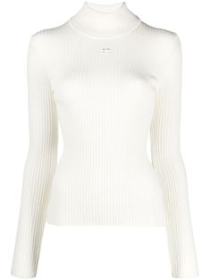 ivory white funnel neck long sleeves ribbed knit embroidered logo to the front Crochet Hoodie, Striped Vests, Strap Crop Top, Knitted Tops, Ribbed Knit Top, Loose Fitting Tops, High Neck Long Sleeve, Knitted Tank Top, Funnel Neck