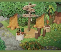 a painting of a wooden sign in the middle of a garden with cacti and succulents