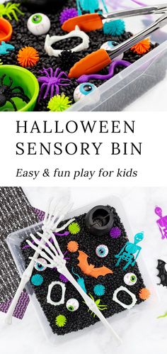 halloween sewing kit with scissors and spools in plastic container on white background text reads halloween sensory bin easy & fun play for kids