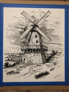 a black and white drawing of a windmill