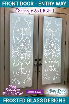 frosted glass doors with the words frosted glass designs on them and an image of two