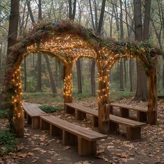 a wooden bench sitting under a pergolated covered with lights in the middle of a forest