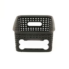 a black basket with a white bone on the front and back side, against a white background