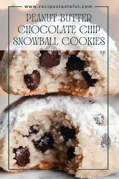 two chocolate chip snowball cookies stacked on top of each other with text overlay