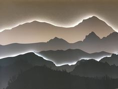 an abstract painting of mountains with trees in the foreground