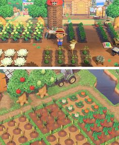 the farm is shown in two separate screens, one with an animal and vegetable garden