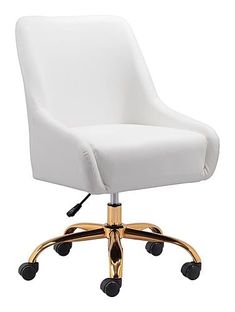 Madelaine Office Chair White & Gold by Zuo Modern This office chair has vinyl wrapped body with a plated steel base on castors with height adjustment that looks great in any space, residential or hospitality, home office or hotel room. It combines deco and modern in a glam package. Features: Product Materials: Steel, Plywood, Foam, 100% Polyurethane Product Finish: Electroplated Capacity: Supports up to 330 lbs. Commercial Material: Metal Care Information: Warm water and mild soap with soft towel Product Stackable: Not Stackable Product Assembly: Adult Assembly Required, Tools Provided Seat Includes: Non-Marking Wheels Type Fabric: Leatherette Product Use: 360 Swivel Seat Dimensions: Office Chair: 24"W x 25.6"D x 35.8"H Seat: 18.9"W x 17.3"D x 20.9"H Gold Office Chair, Velvet Office Chair, White Office Chair, Gold Office, Murphy Cabinet Bed, Adjustable Office Chair, Convertible Sofa Bed, Contemporary Chairs, Counter Chairs