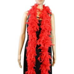 a mannequin wearing a red feathered scarf on top of a white background