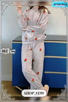 Strawberry Print Long Sleeve Pants Casual Loungewear Two Piece Plus Size Casual Sleepwear With Pockets For Winter, Casual Winter Sleepwear With Pockets, Casual Winter Bottoms For Pajama Party, Casual Winter Sleepwear, Velvet Sleeve, Plus Size Two Piece, Strawberry Print, Pants Casual, Winter Casual