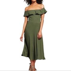 Who What Wear Off The Shoulder Ribbed Dress Midi Length Ruffle Poly Blend With Spandex Perfect For Spring New With Tags Size Small Feel Free To Ask Any Questions Puff Long Sleeve Dress, Olive Green Dress, Black And Pink Dress, Black Button Up Shirt, Olive Green Dresses, Printed Halter Dress, Bardot Dress, Midi Shift Dress, White Sleeveless Dress